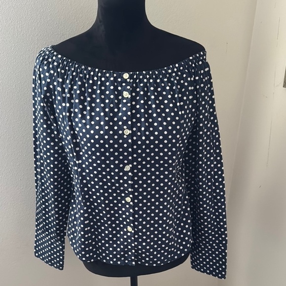 LAUREN Ralph Lauren blue white polka dot button down long sleeves top blouse L - Picture 1 of 7